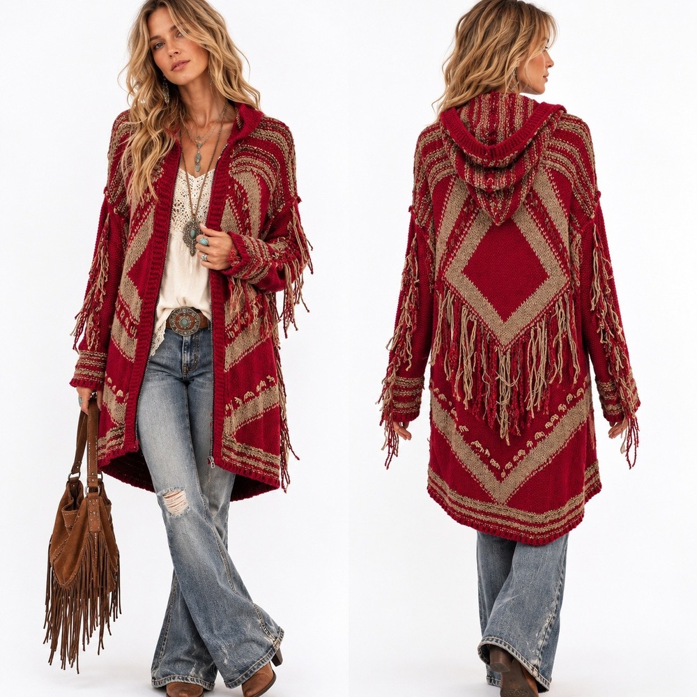 Free People Show Me the Way Hooded Cardigan Large Red Boho Fringe Full Zip NWT